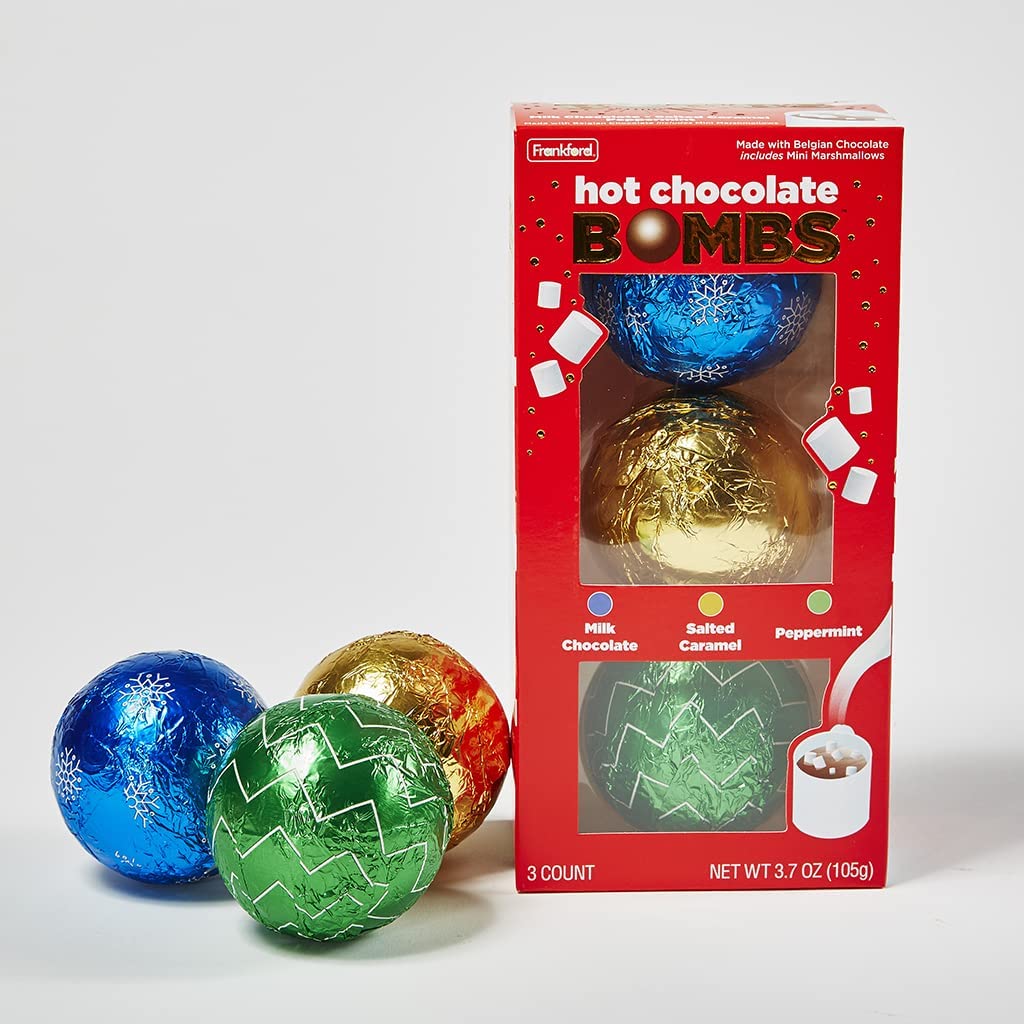 Frankford Hot Chocolate BOMB(R) 3 Pack Bundle Gift Box, Peppermint, Milk Chocolate, Salted Caramel Individually Wrapped Melting Treats, Gift for Teens Adults Kids Girls Boys Teachers Neighbors