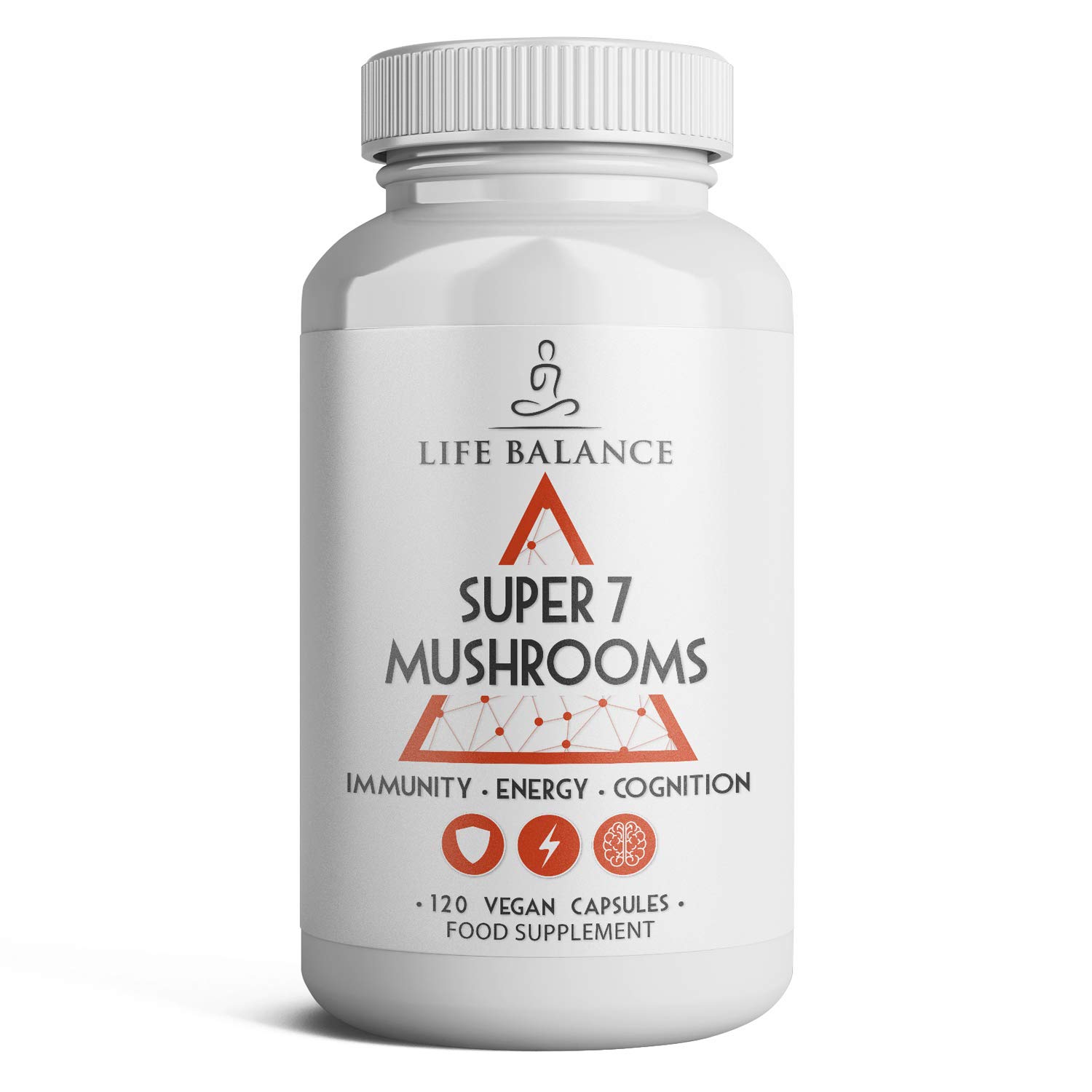 Super 7 Mushrooms - 120 Capsules - 7 Mushroom Complex with Lion's Mane, Cordyceps, Chaga, Reishi, Shiitake, Reishi & Oyster Mushroom Extracts - Vegan - UK Made - No Additives - GMP - Pullulan