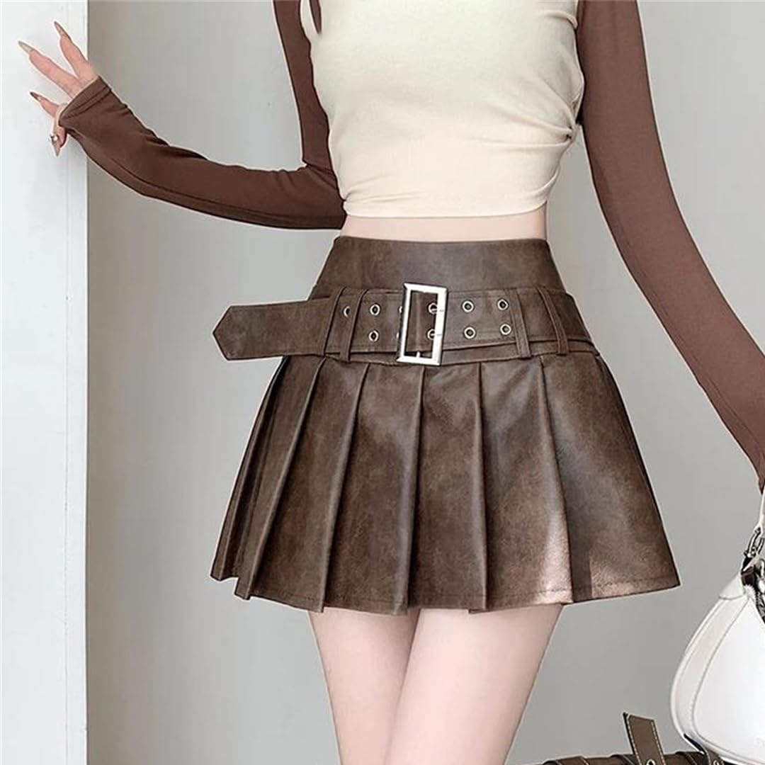 Kelsiop Minifalda plisada de piel sintética gótica para mujer, estilo punk, estilo Harajuku Streetwear