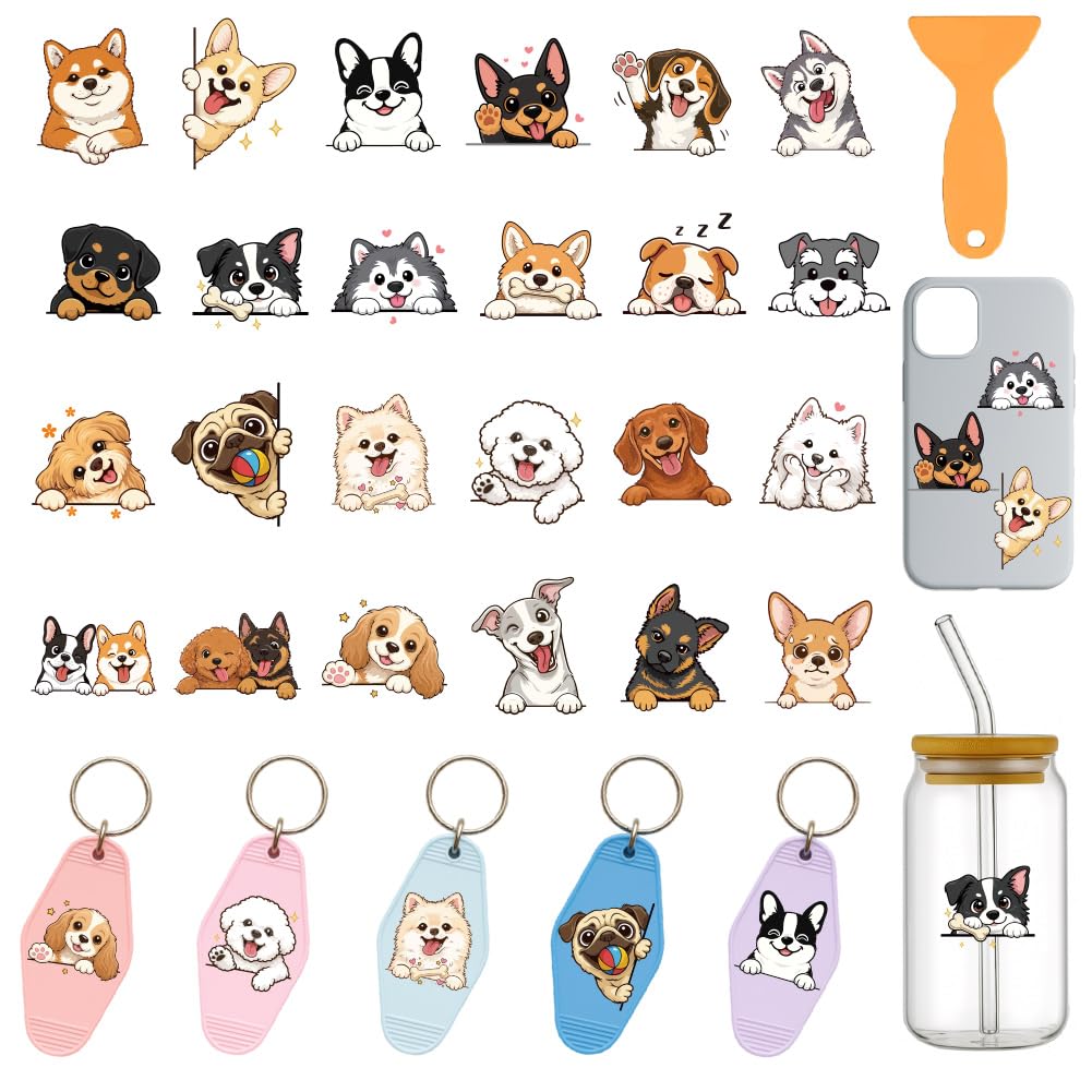 GOMAKERER 120Pcs 24 Styles UV DTF Wrap Stickers for Motel Keychain, Puppy Lying On Its Stomach UV DTF Decals Pet Theam UV DTF Transfer Stickers for Acrylic Hotel Keychain Card — image 1