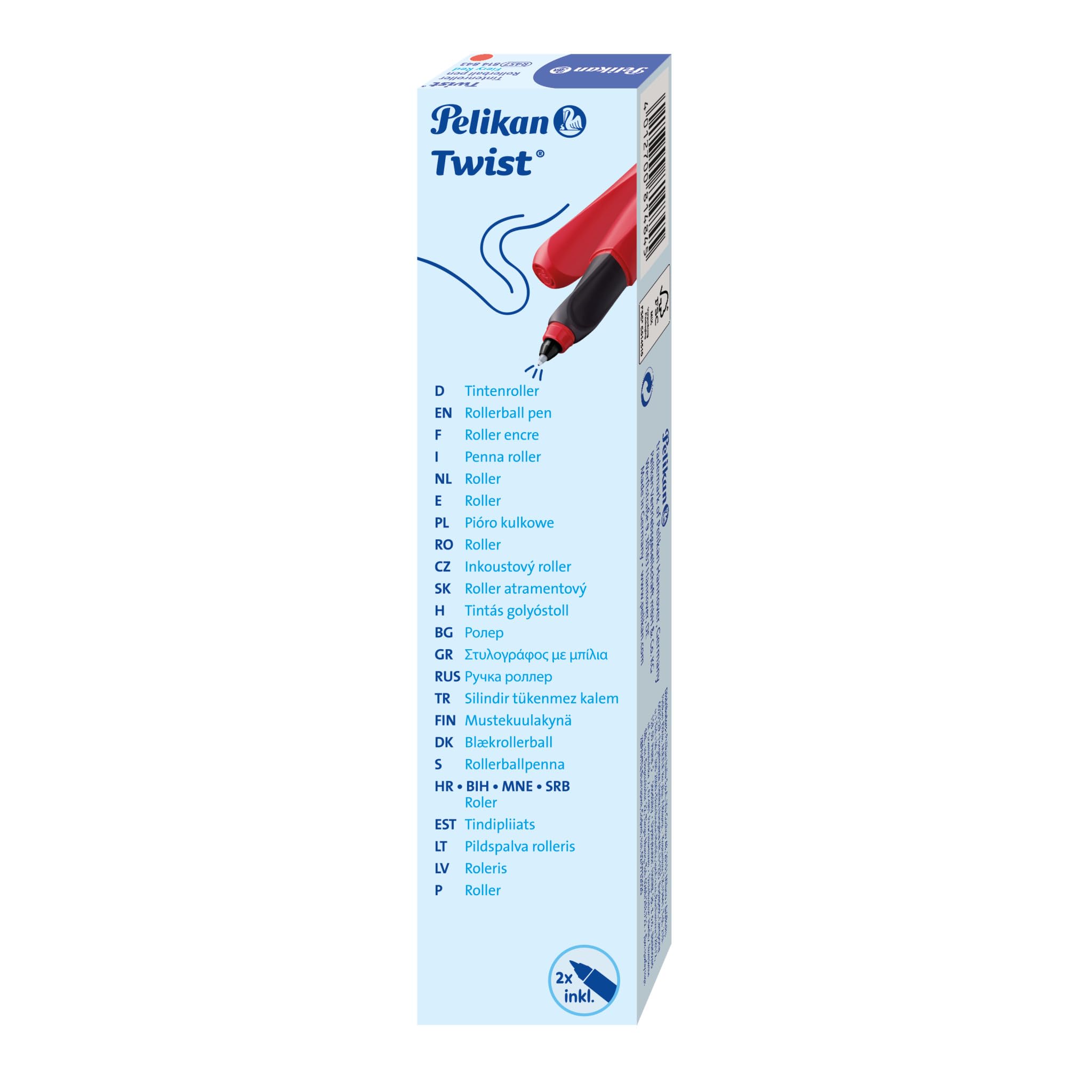 Pelikan Twist Fiery Red, Penna Roller Sferografica Ergonomica, per Destrimani e Mancini, per Scuola e Ufficio, Punta M Indeformabile, 2 Cartucce KM Blu Incluse, Ricaricabile
