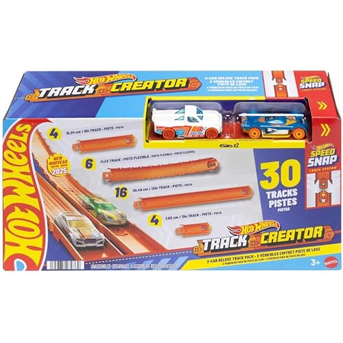 Hot Wheels Toy Car Track Set, Track Creator Deluxe Pack & 2 1:64 Scale Die-Cast Vehicles, 25 Feet of Different Length Speed Snap Track & Connectors (Amazon Exclusive)