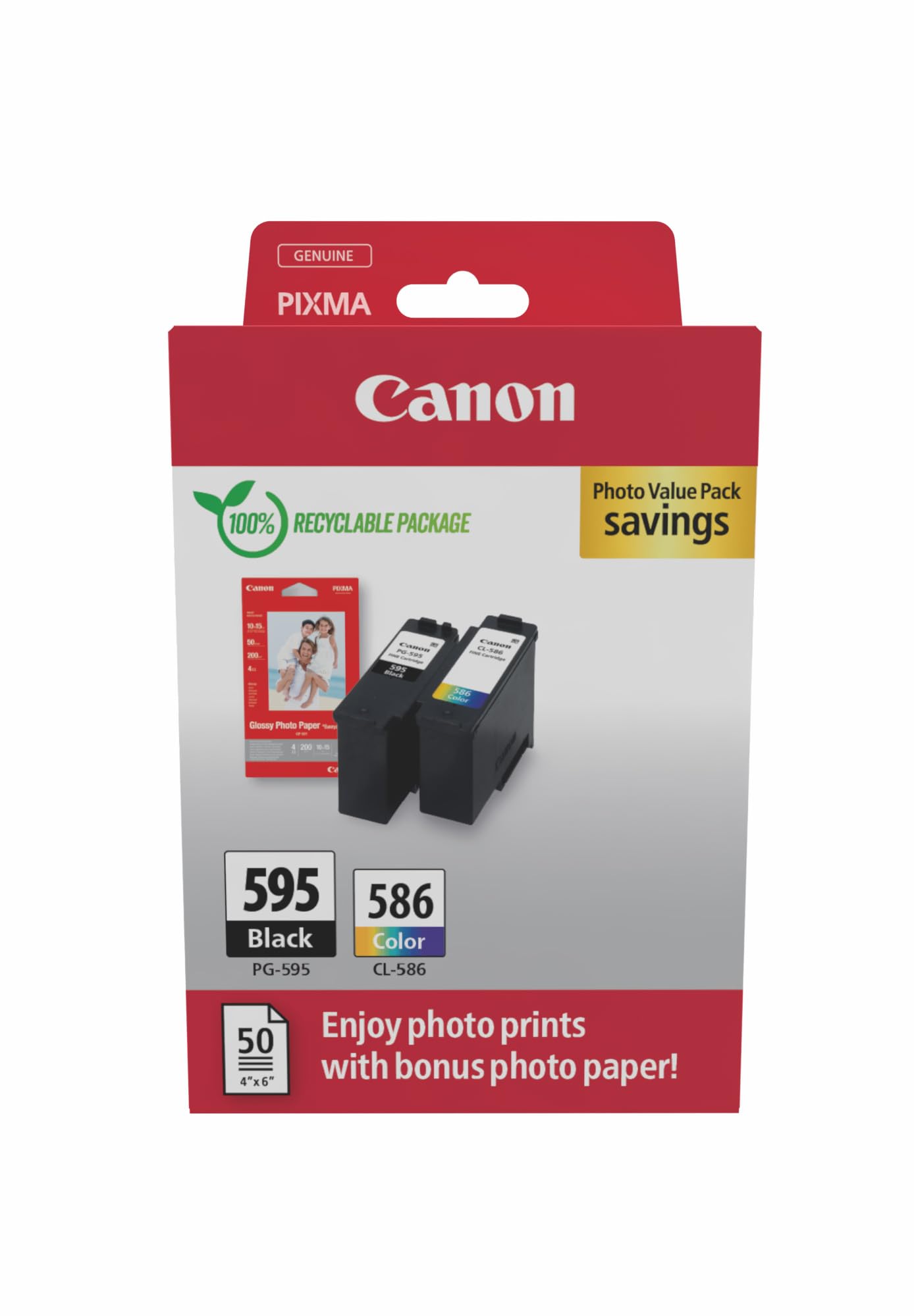 Canon PG-595 / CL-586 Cartuchos de Tinta Original, 1 Cartucho Negro y 1 Cartucho Color, Incluye Papel fotográfico 4x6 (50 x Hojas) GP-501