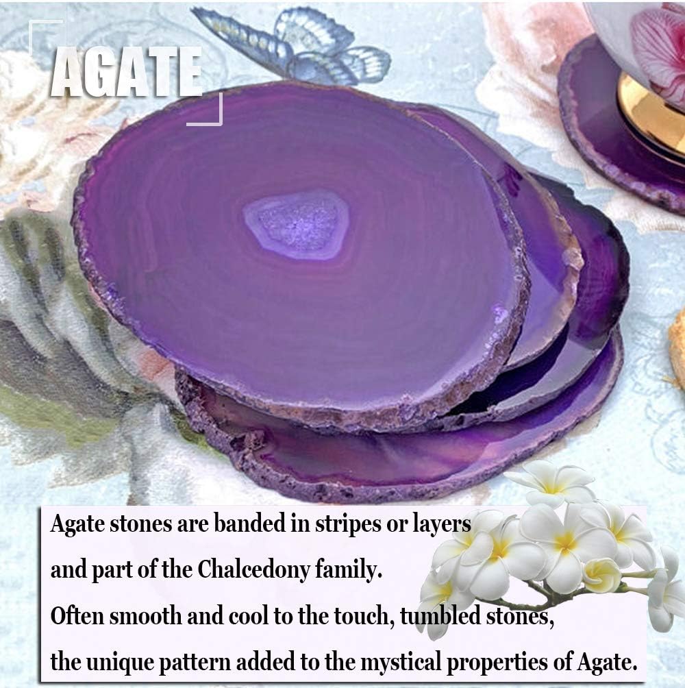 Natural Agate Coasters Set of 4, Dyed Purple 4-5" Geode Slices, Wide Crystal Stone Drink Coasters with Rubber Bumpers for Cups, Mugs & Wine Glasses, Unique Home Decor - Image 3