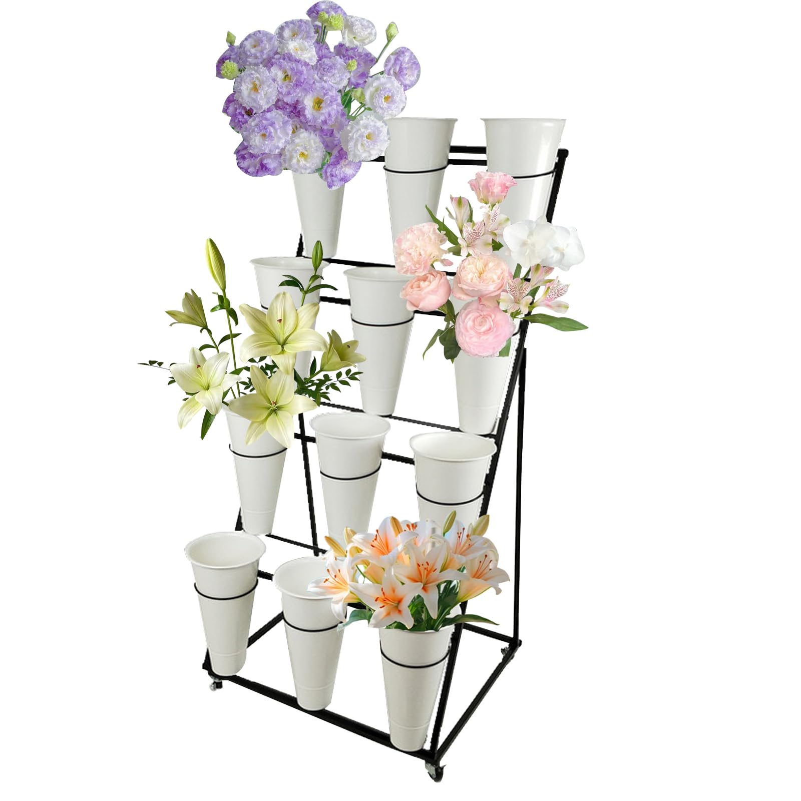 DFGHNBVC Metal Heavy Duty Moving Plant Cart With Wheels, Wrought Iron Florist Shelf For Livingroom, Garden, Indoor, Outdoor, Patio,4 Tier 12 White Bucket