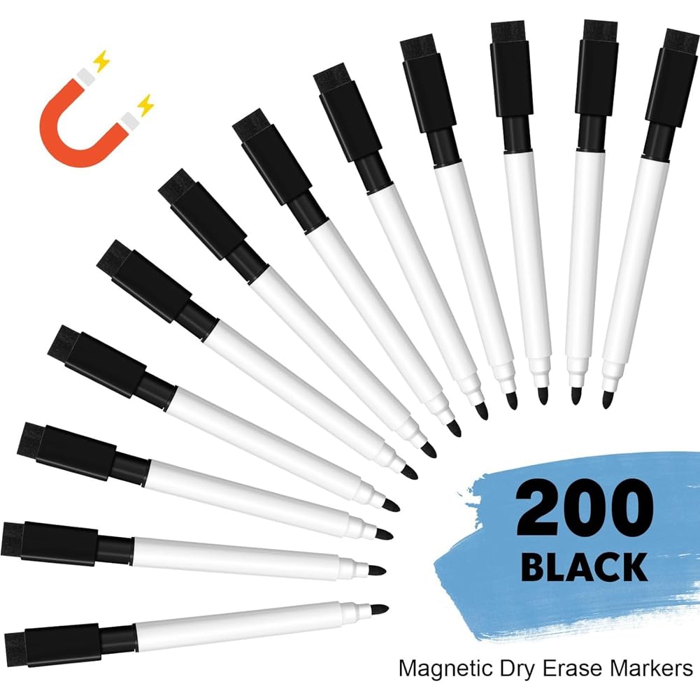 200 sztuk magnetycznych, zmywalnych markerów, z końcówką i gumką, do biura, (czarne), trwałe, łatwe w użyciu, wysoka jakość