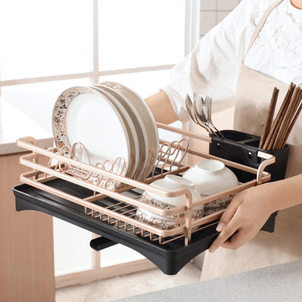 Stojak do suszenia naczyń ze stopu aluminium z płytą odpływową – oszczędzający miejsce uchwyt na blat kuchenny, elegancki czarny design dla wydajnego suszenia i organizacji