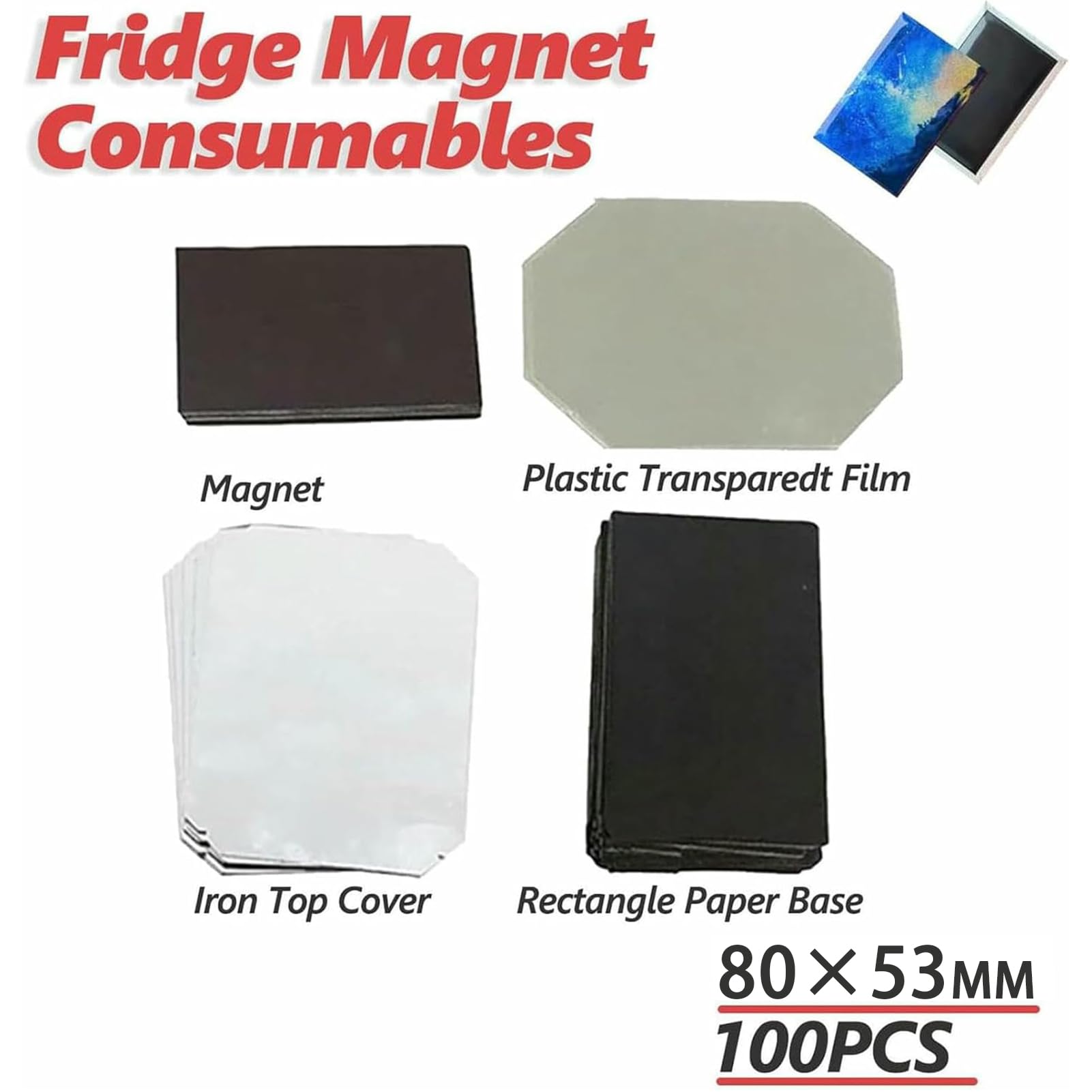 Fotomagnet-Maschinen-Verbrauchsmaterial,Quadratische magnetpresse abzeichenmaschine,Kühlschrank Badge Maker Kit + Papierschneider + 100pcs Komponente ((80 * 53mm))