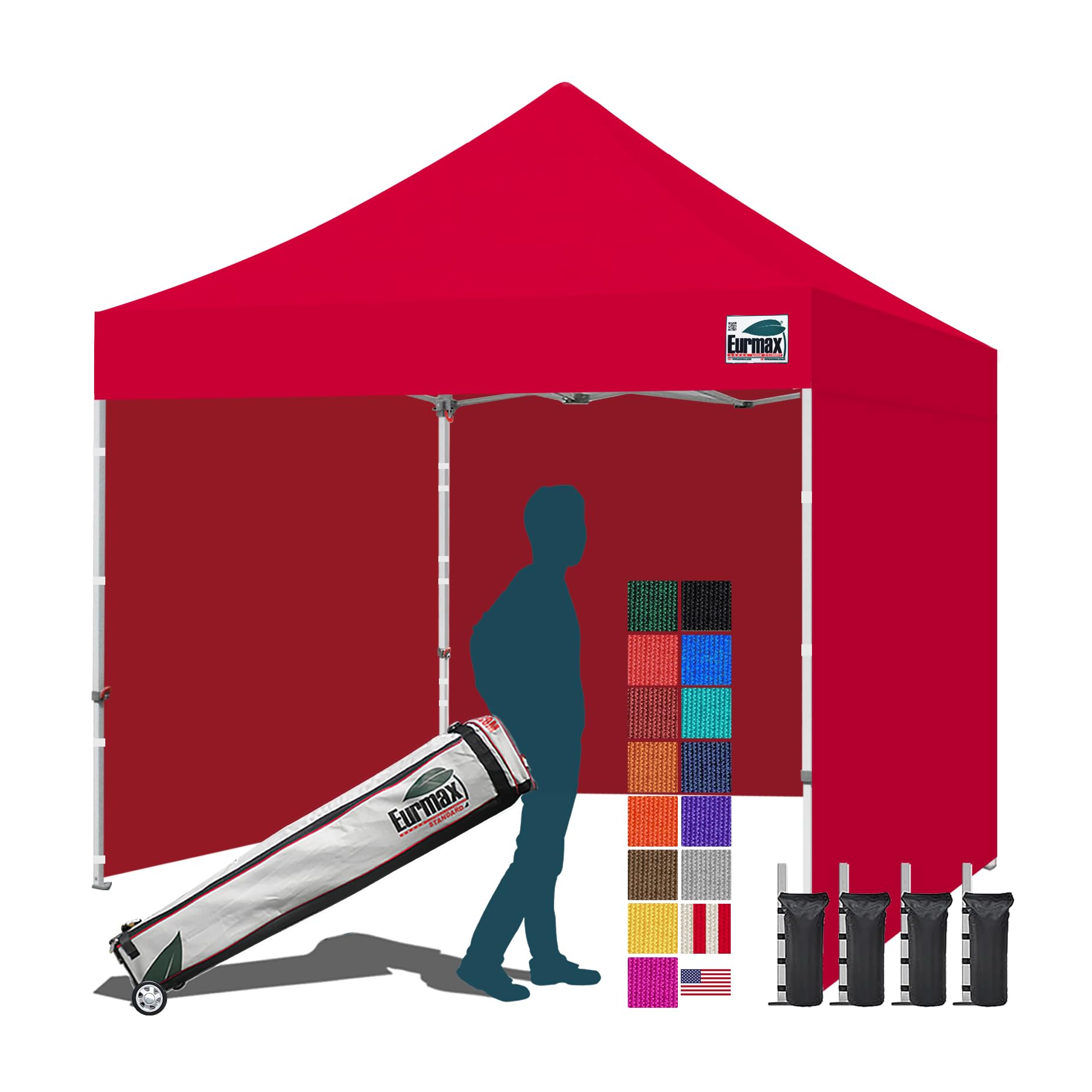 Eurmax USA 10x10 Pop Up Canopy Tent,Commercial Tent with Patented No-Tip Rolling Bag,4 Zippered Removable Walls,UV &amp; Water Resistant Canopy Top,Heavy Duty Outdoor Gazebo,Instant Shelter(Red)