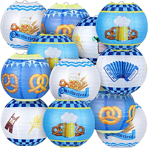 12 Packs Oktoberfest Decorations Hanging Paper Lanterns German Beer Festival Hanging Paper Lanterns Decoration Hanging Ornaments Oktoberfest Bavarian Decorative Round Lanterns Oktoberfest Decorations