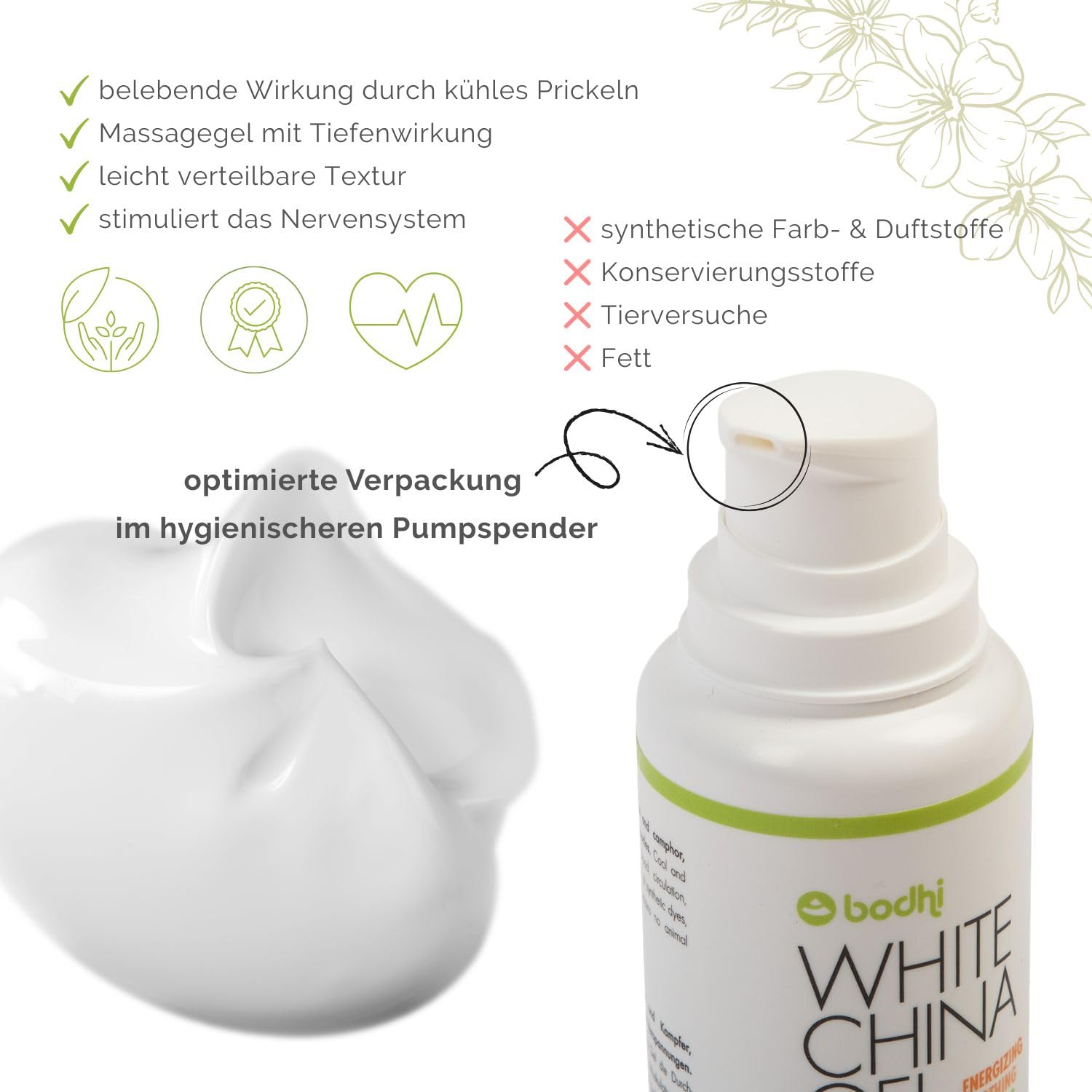 Bodhi White China Gel gegen Muskelkater und Verspannungen 200 ml | Massagegel mit Menthol und Kampfer | Belebende Wirkung | Leicht verteilbare Textur | Entspannen Muskeln und Gelenke