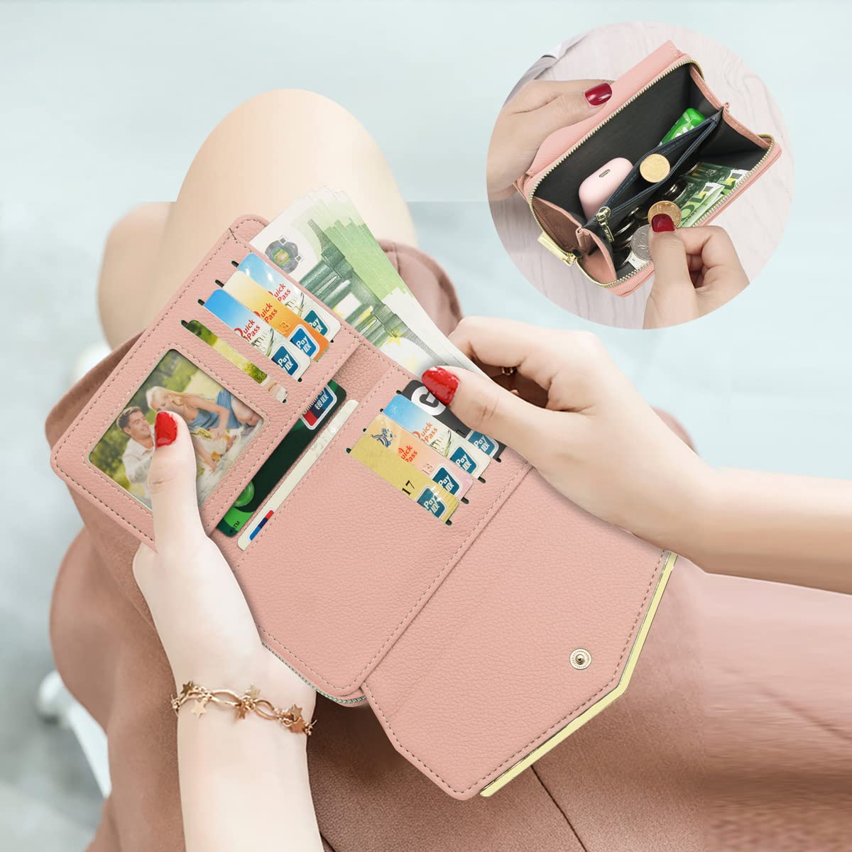 HNOOM Porte Monnaie Femme Portefeuille Femme en Cuir PU Porte Carte Monnaie Portefeuilles pour Femmes Court Zippé Femmes avec 9 emplacements pour Cartes Petit Porte Feuille (Rose)