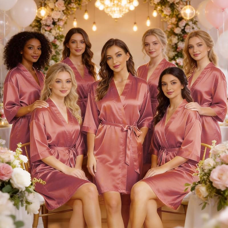 Image of Women's Bride Bridesmaid Robes Short Satin One Size Silver Rhinestones Wedding Party Getting Ready Sleepwear