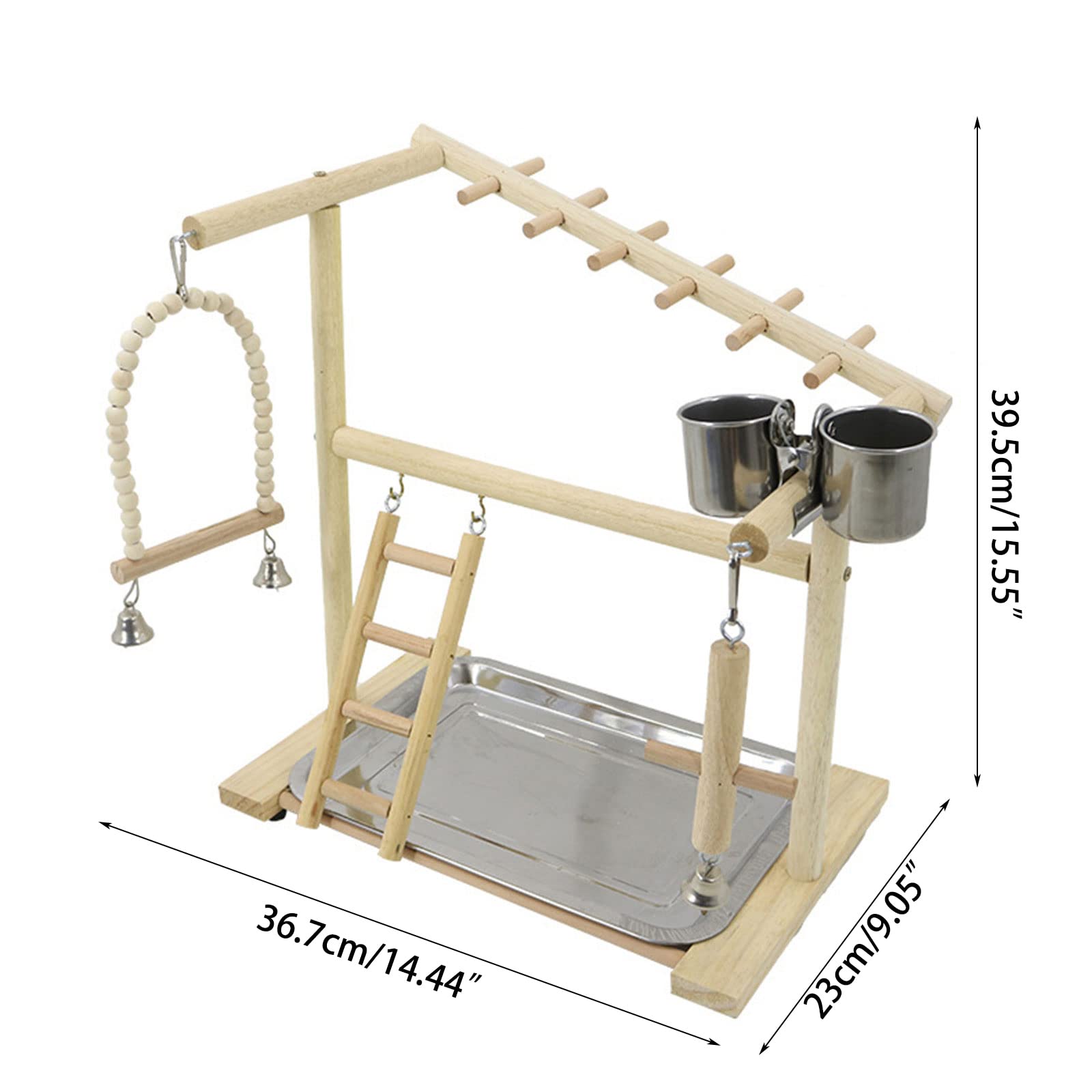 Vogel Sitzstangenständer, Papageien Spielständer mit Edelstahl Tablett, Futterbecher, Leiter, Schaukel, Holz Kauspielzeug für kleine Vögel, Vogelspielplatz, Naturholz Sitzstangenständer mit Schüsseln,