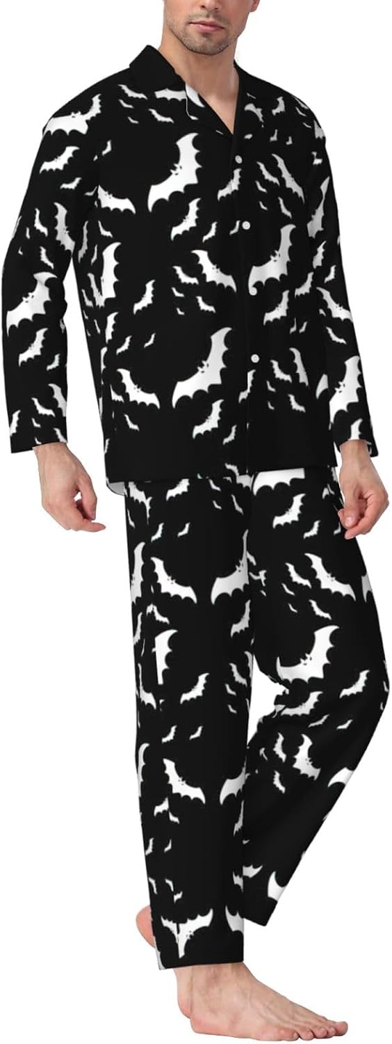 Mens Halloween Flying Bats Print Pajamas Long Sleeve Pjs Sleepwear Soft Comfy Loungewear Sets 2 Piece Nightwear