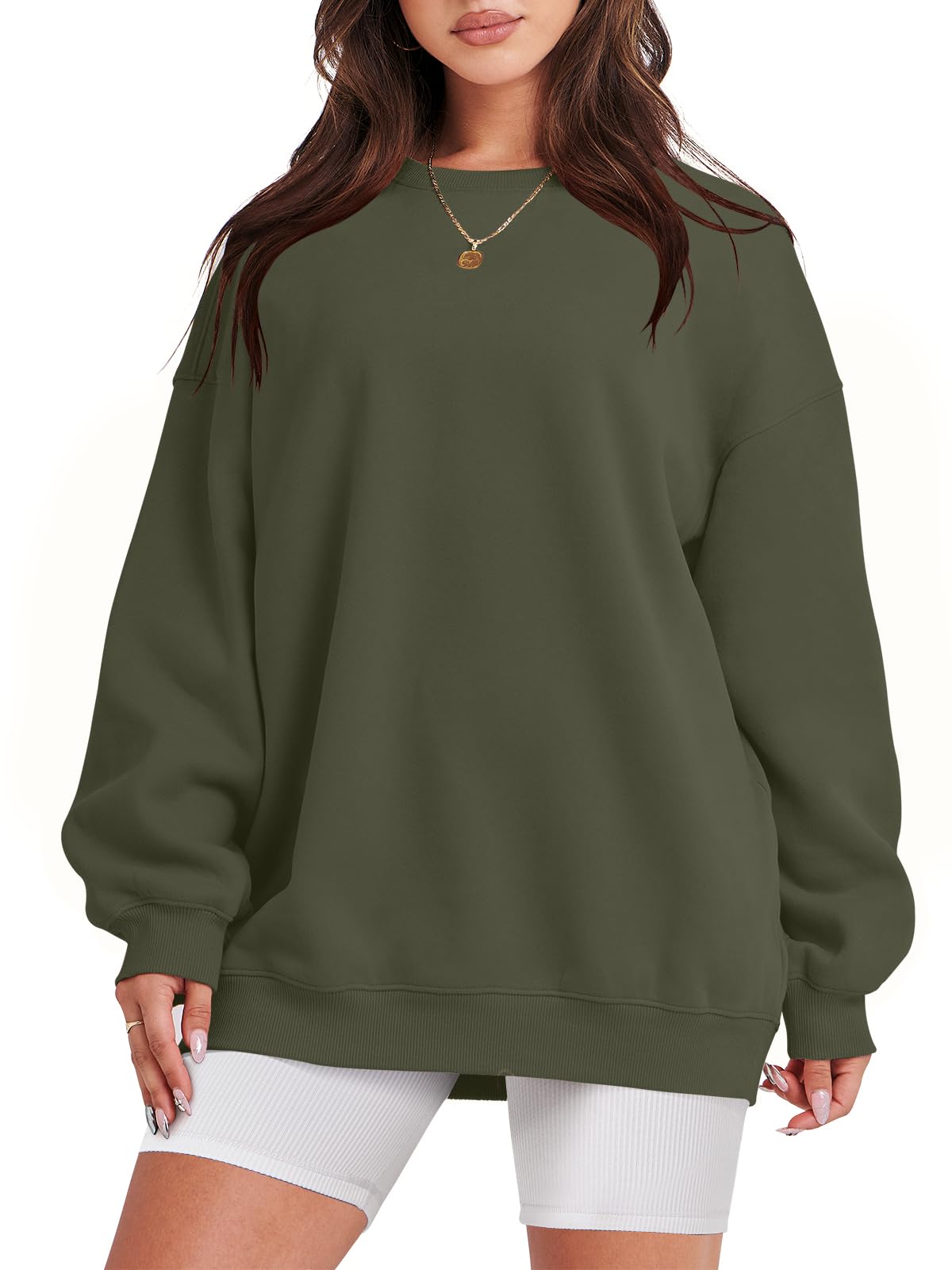Damskie bluzy oversize bluzy z kapturem polar okrągły dekolt sweter top codzienne jesienne stroje preppy ubrania nastolatki 2024 A1019 światło, Jeden kolor, Army Green_XL