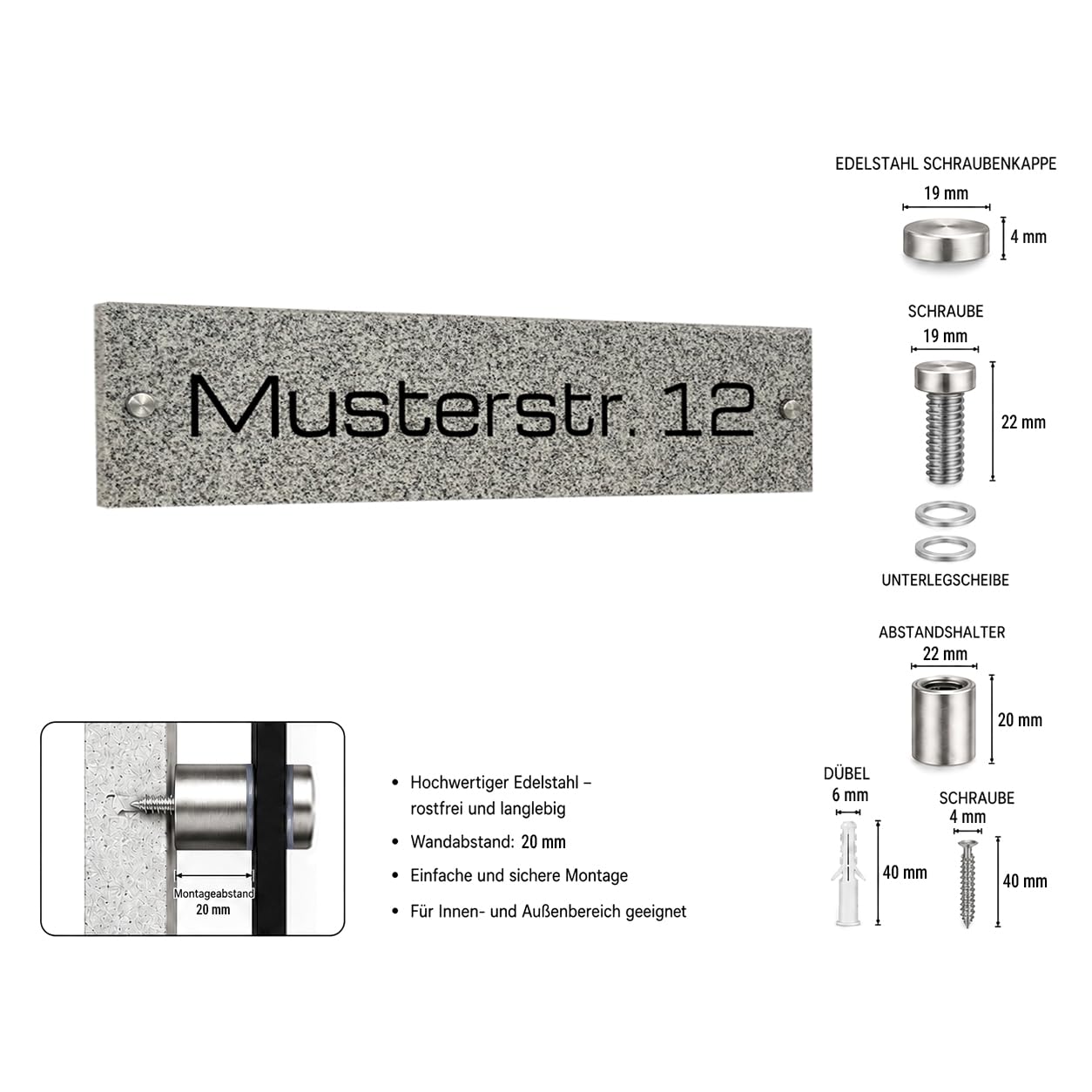 Straßennamenschild mit Hausnummer aus Granit 60x15 cm – Personalisiertes Hausnummernschild mit Gravur – Wetterfest, frostbeständig und UV-beständig (Grau)