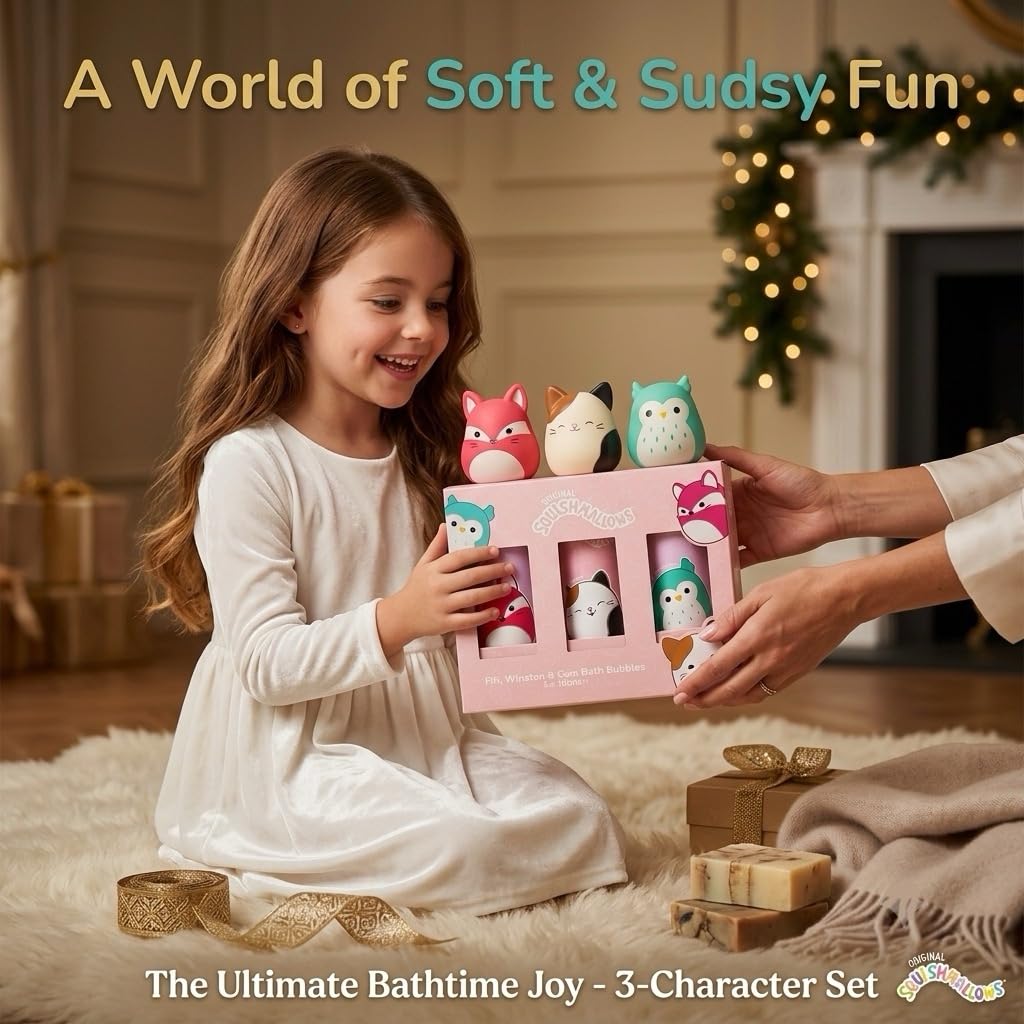 Squishmallows - Baño de burbujas para niños, 300 ml cada uno, Foxy Fruity, Cam Purrfect, Winston Feelin' Mallow, divertidas botellas coleccionables de personajes con tapas blandas
