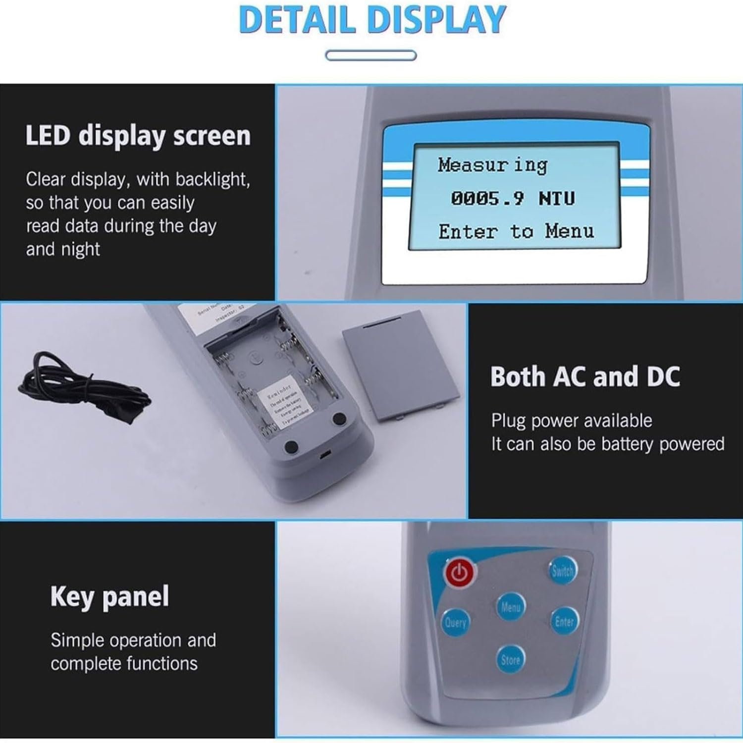 Kit De Medidor De Turbidez Portátil, Detector De Turbidez Preciso De Mano 0-1000NTU Con Pantalla LED Retroiluminada, 7 Puntos De Calibración, Para Laboratorio, Piscina, Pruebas De Alimentos, Industria