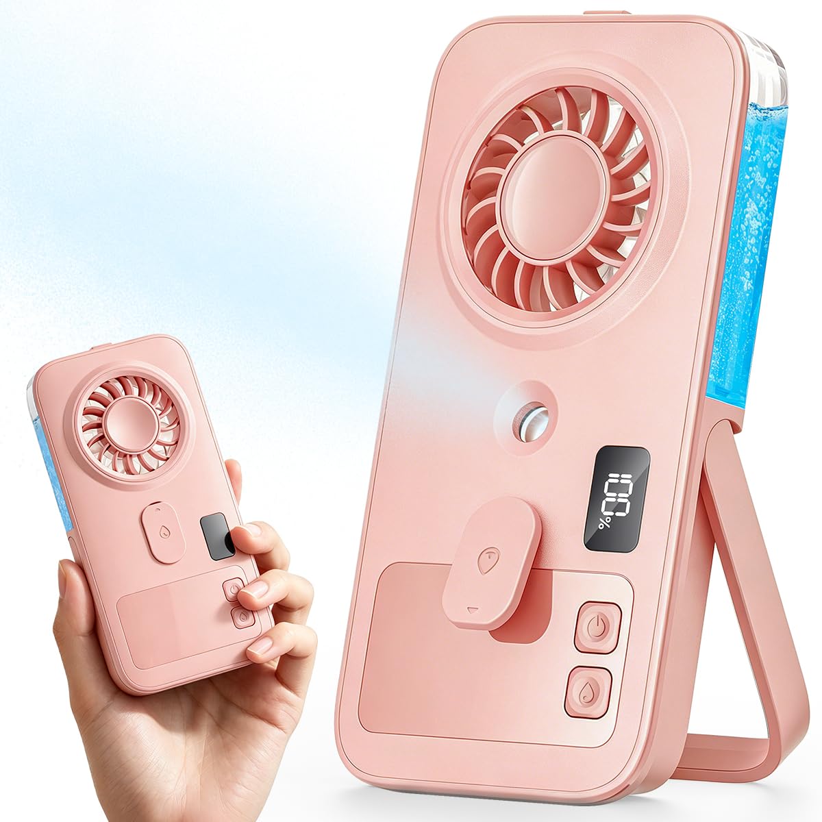 Otlonpe Mini Handheld Portable Mist Fan, Small Rechargeable Handheld Fan with Water Mist Spray, 4 Speeds, LED Display, Foldable Stand, Mini Personal Misting Cooling Fans for Travel