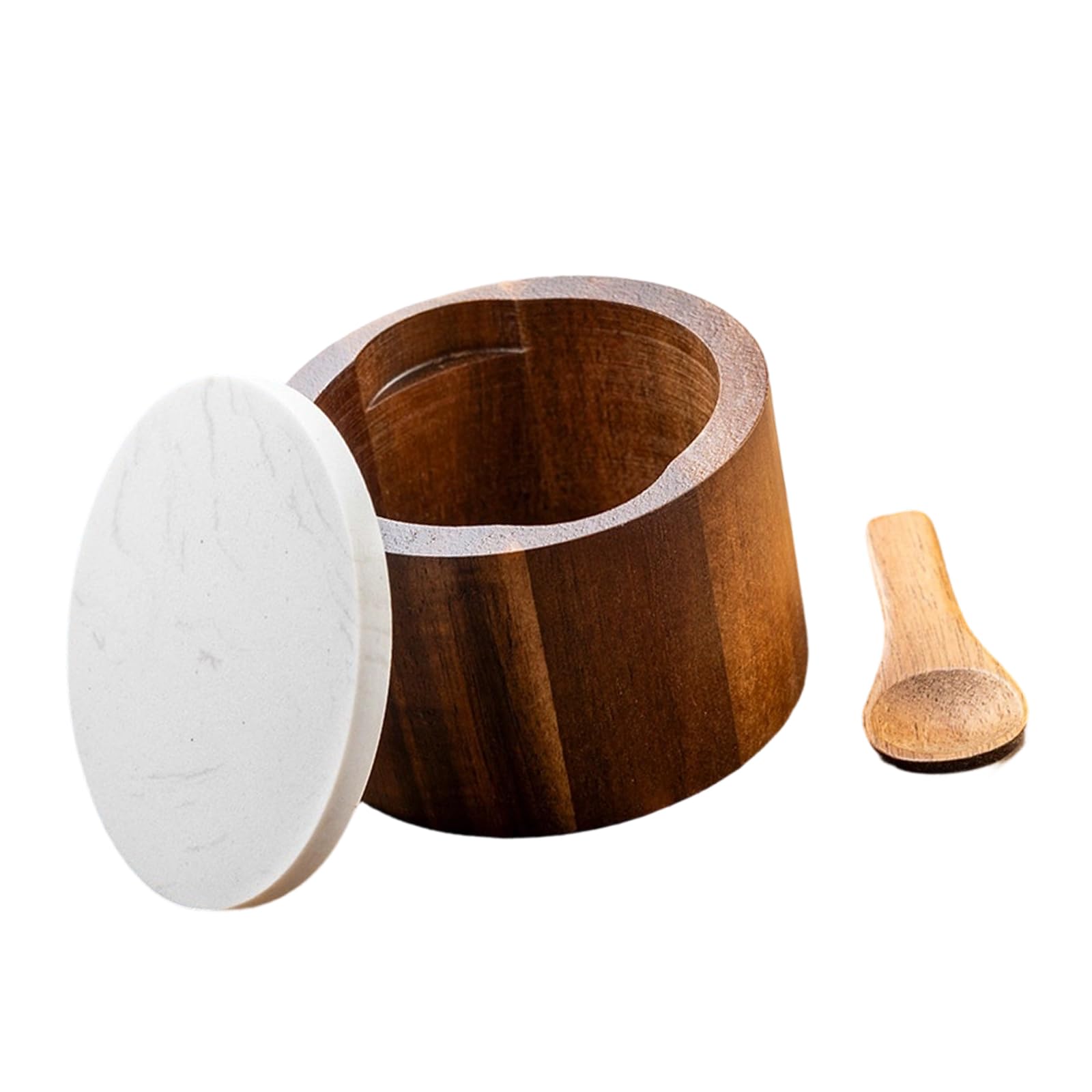 Tsophreniq Natural Wood Seasoning Container with Marble Top and Measuring Spoon for Home Use Kitchen Seasoning Planner