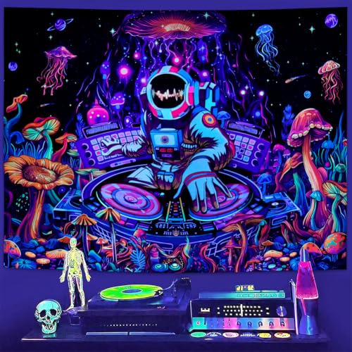 Image of Amhokhui Blacklight Astronaut Tapestry UV Reactive Funny DJ Music Tapestry Trippy Aesthetic Tapestry Galaxy Space Tapestry Flower Wall Hanging Decor for Home