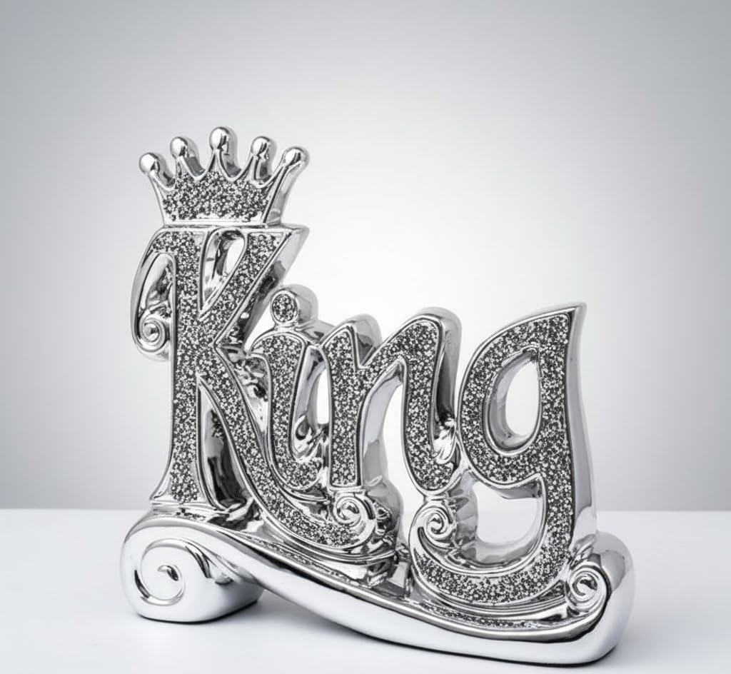 Bargain Brooz Silver Sparkle King Shelf Sitter Ornament | Crushed Diamond Bling Decorative Letter Block | Luxury Home Decor Gift (Bb-257)