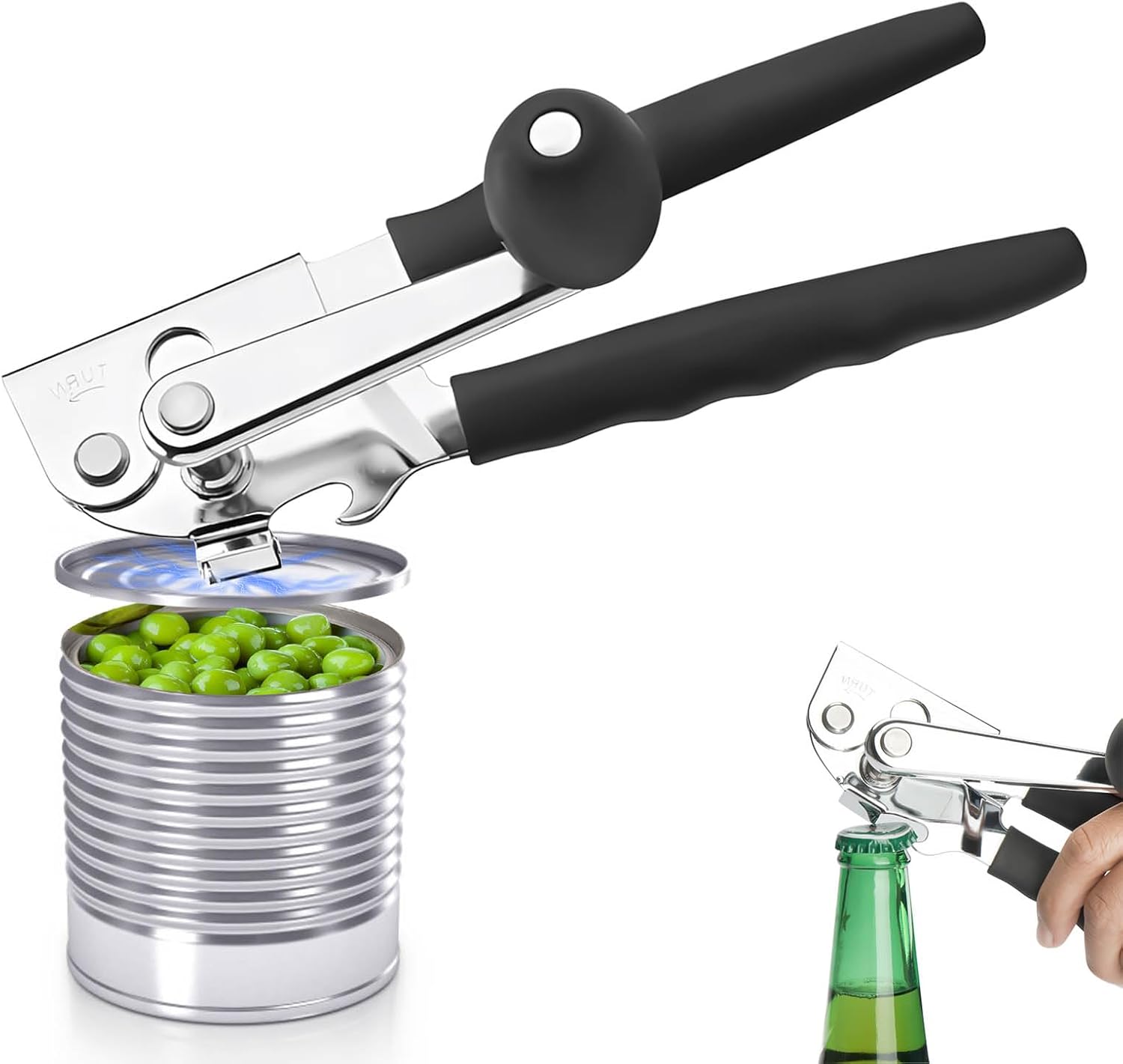 3Pcs Commercial Can Opener Stainless Steel Handheld Can Opener Smooth Edge with Easy Crank Handle Black Swing Grips for Bulk Cans and All Size Cans