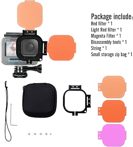 Miniatura 6 de Paquete de 3 lentes de filtro de buceo para Gopro Hero 891011 Oficial Submarino Buceo Impermeable Carcasa Protectora Rojo, Rojo Claro, Magenta