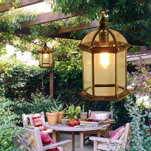 Lámpara colgante de exterior vintage negra impermeable con cristal para techo de cenador 5