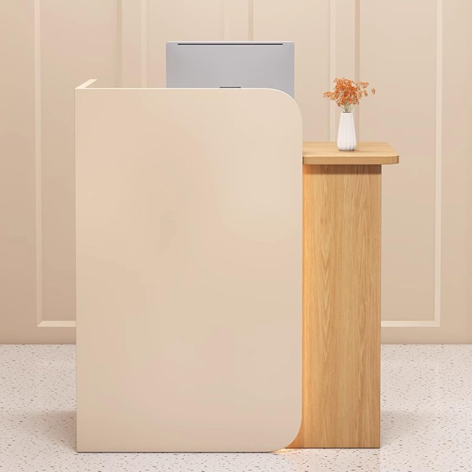 Generico Elegante bancone Reception Moderno con cassetto e passacavi, bancone Cassa da 100 cm con parapetto, Marrone e Legno, bancone Front-End Funzionale per Uso commer