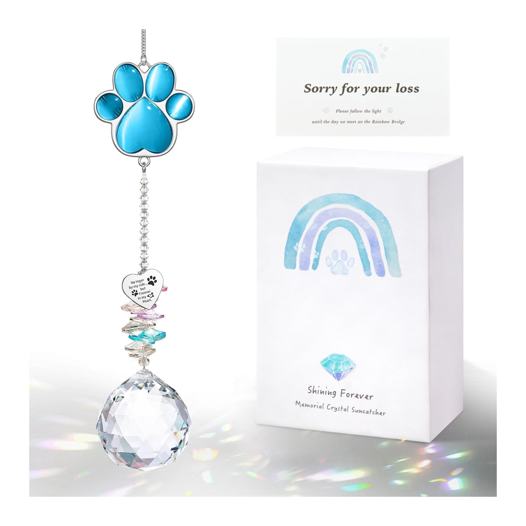 Dog Memorial Gifts for Loss of Dog, Pet Memorial Gifts for Dogs, Thoughtful Bereavement Remembrance Crystal Suncatcher with Sympathy Card (Lake Blue)