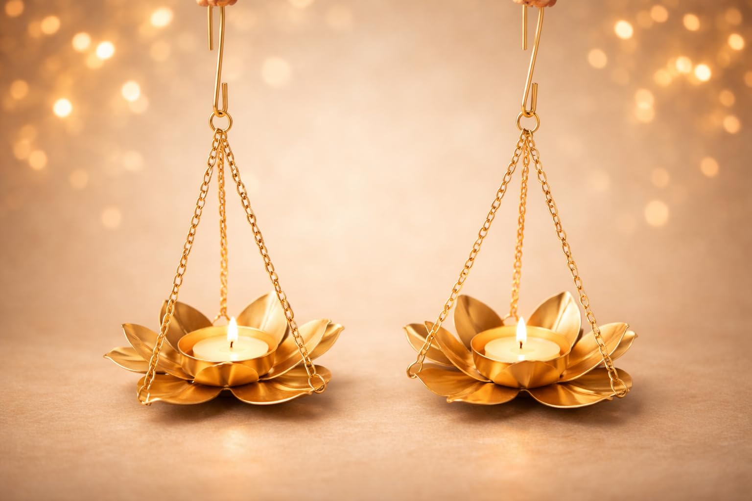 Agaas Enterprises Metal Hanging Lotus Shape Tealight Candle Holder with Chain Diwali Festival Decoration Hanging Diya Indoor Outdoor Decor Corporate Gift Set of 2-image-25