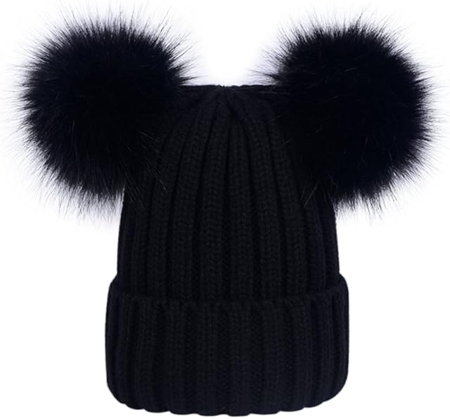 LAUSONS Women's Warm Winter Ribbed Knit Faux Fur Bobble Hat Double Pom Pom Beanie