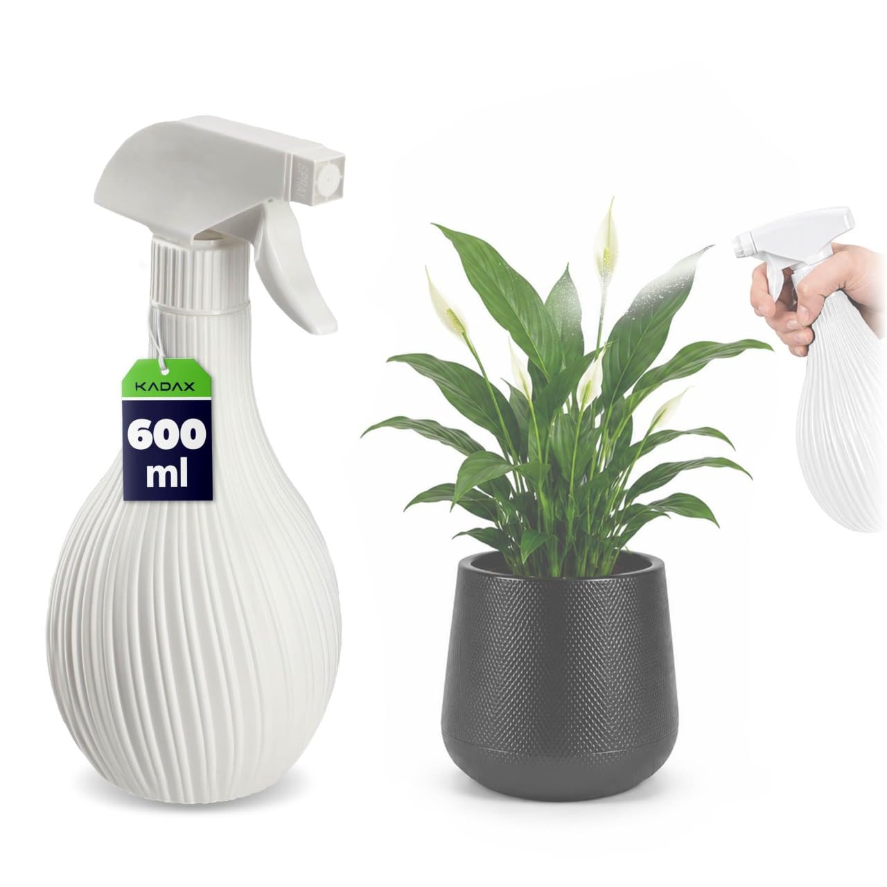 KADAX Ręczny spryskiwacz z tworzywa 600 ml, biały, do podlewania roślin, zraszania kwiatów, prac ogrodowych, sprzątania i użytku fryzjerskiego, kulisty ergonomiczny zbiornik