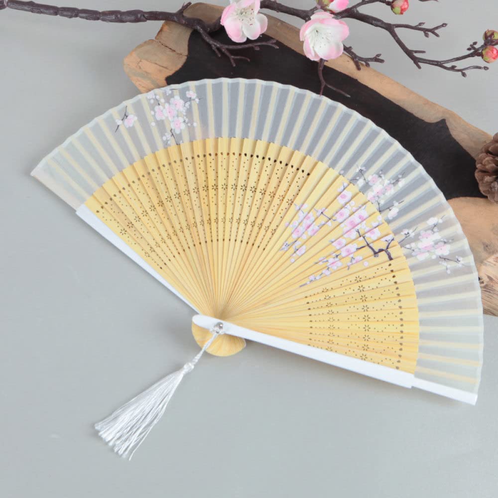 METTEOR Folding Fan Handheld, Handheld Folding Fan Elegant Pink Plum Natural Bone Bamboo Fan With Tassel White Silk Chinese Fan Home Decorative Fold