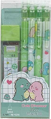 Miniatura 7 de 4 lápices mecánicos con borrador de 0.020 in de caricatura, dinosaurio, lápiz escolar para niños, niñas y mujeres (4 piezas de dinosaurio + repuesto)