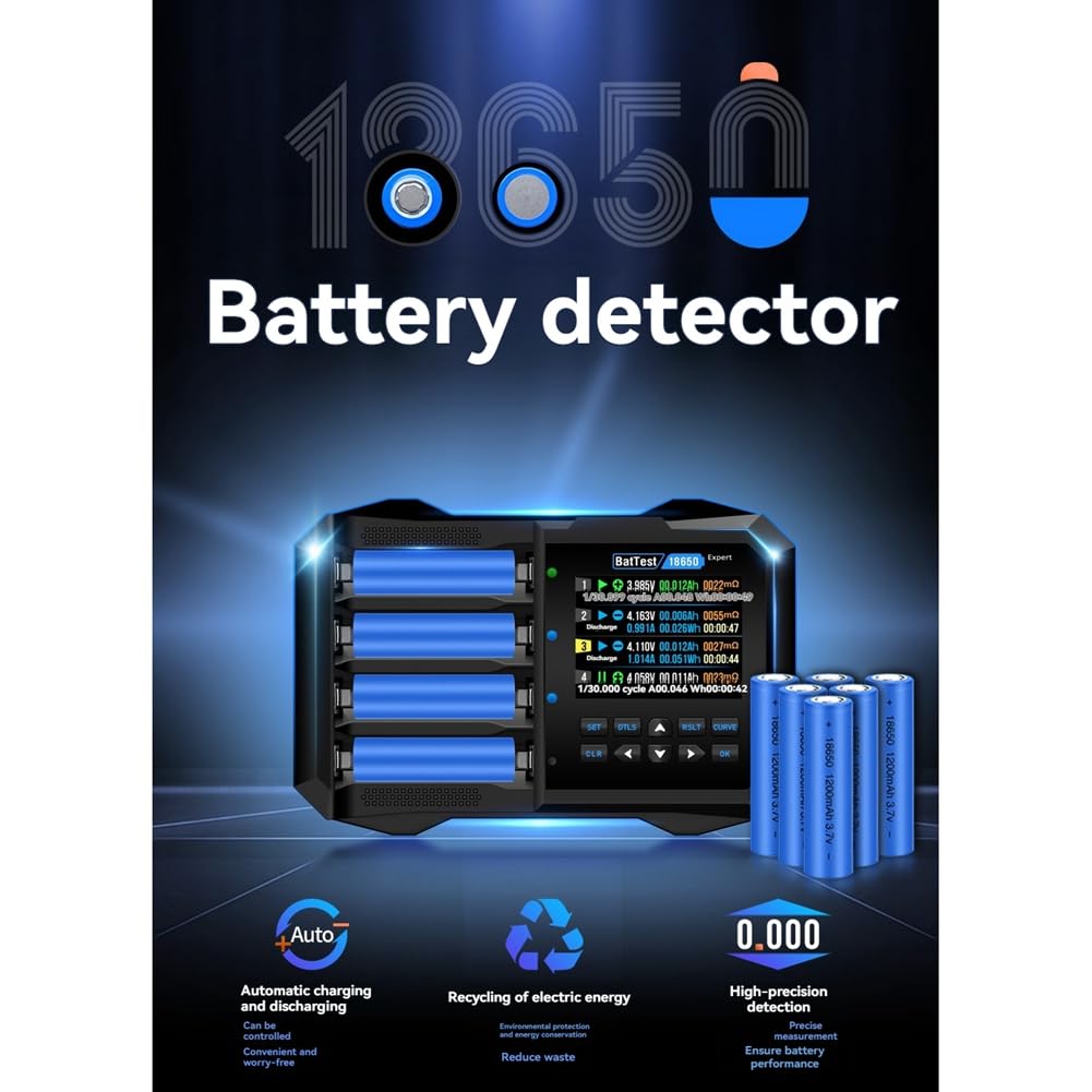 Chargeur de Batterie Li-ION 18650, Testeur de Batterie, Charge Intelligente à 4 Emplacements, Compatible Bluetooth