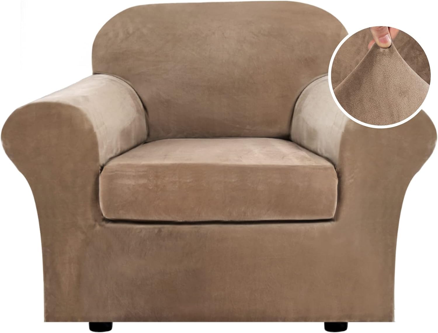LINGKY Velvet Sofa Cover 1 Seater With Separate Sofa Seat Cushion Covers, Stretch Couch Cover Non-Slip Sofa Slipcovers for Living Room Furniture Protector (Camel,1 Seater)