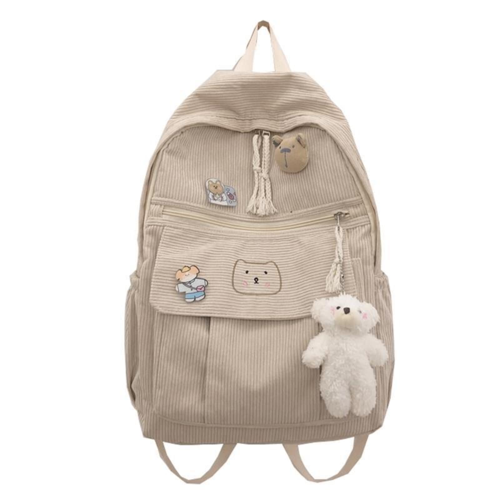 YUESUO Large Kawaii Corduroy Backpack with Cute Bear Pendant Vintage Bag for Girl Student School Bag Bookbag Satchel