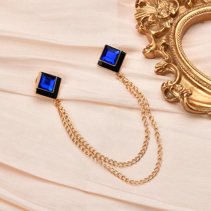 Image of Gem Brooch Pins Hanging Chain Lapel Pin for Men Suits Shirt Collar Brooch Square Crystal Brooch Pin Rhinestone Lapel Pins for Men Tassel Chain Brooch Collar Pins Business Suit Shirt Accessories