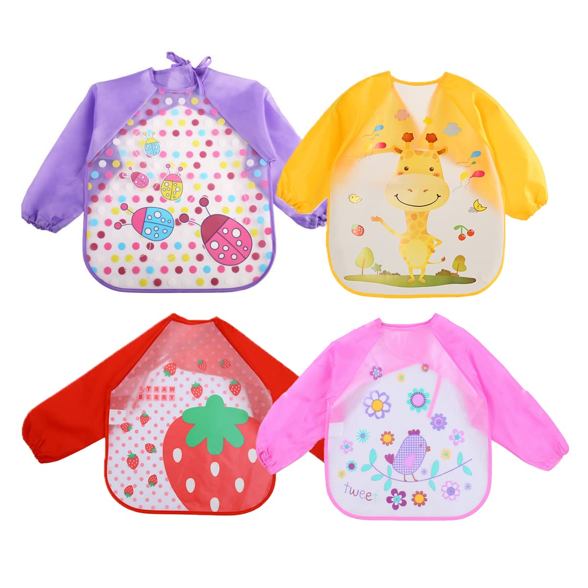 4 PCS Cute Cartoon Long Sleeve Baby Bibs for 6-36 Months Unisex Waterproof Feeding Bibs for Infant Child Toddler Bibs with Sleeves (Strawberry/Giraffe/Beetle/Bird)