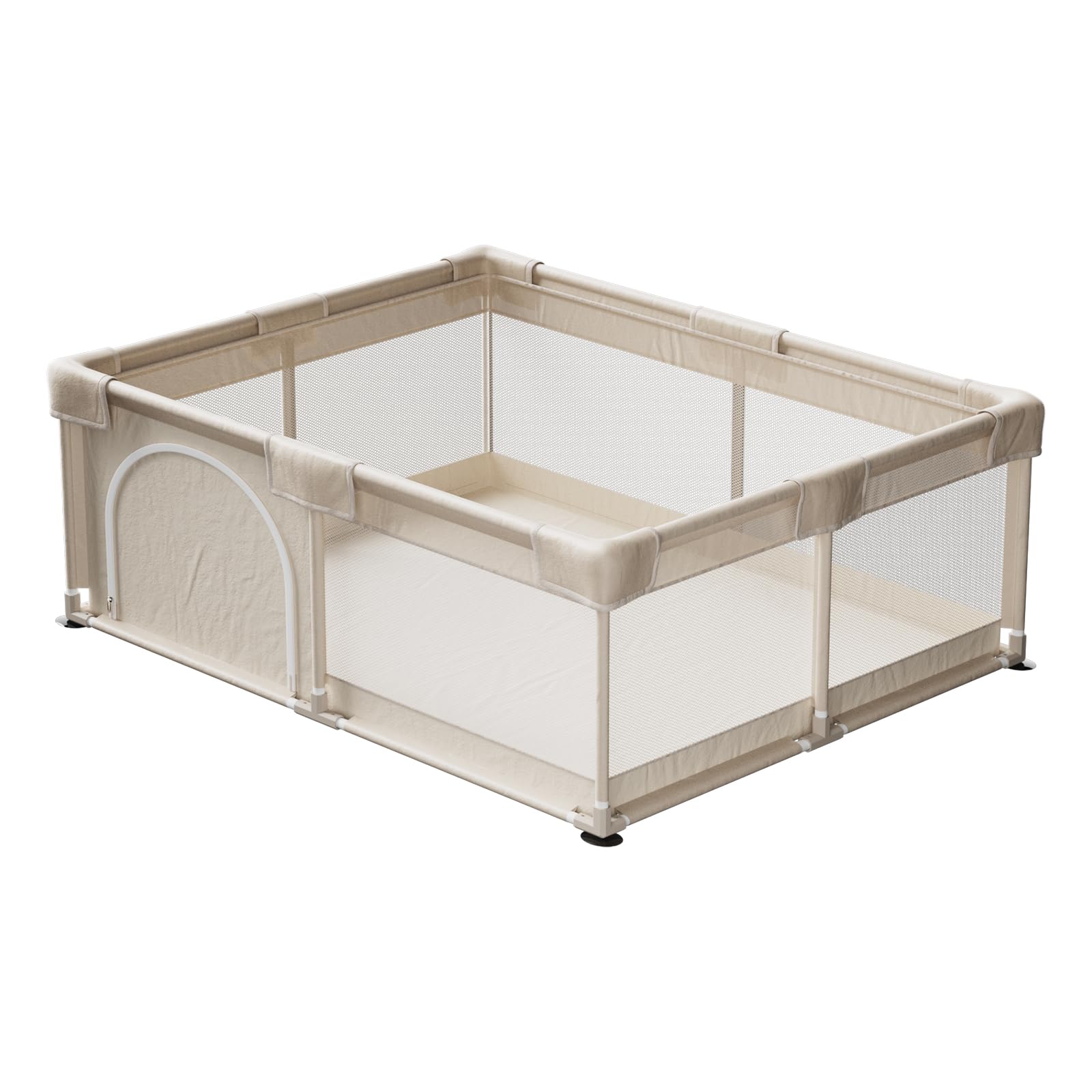 Koonmi Großes Laufstall Baby 150x180 cm Faltbarer Laufgitter mit atmungsaktivem Netz, Stoff & Saugnäpfen – für Babys & Kleinkinder, zusammenklappbarer Spielkäfig für Innen und Außen – Beige