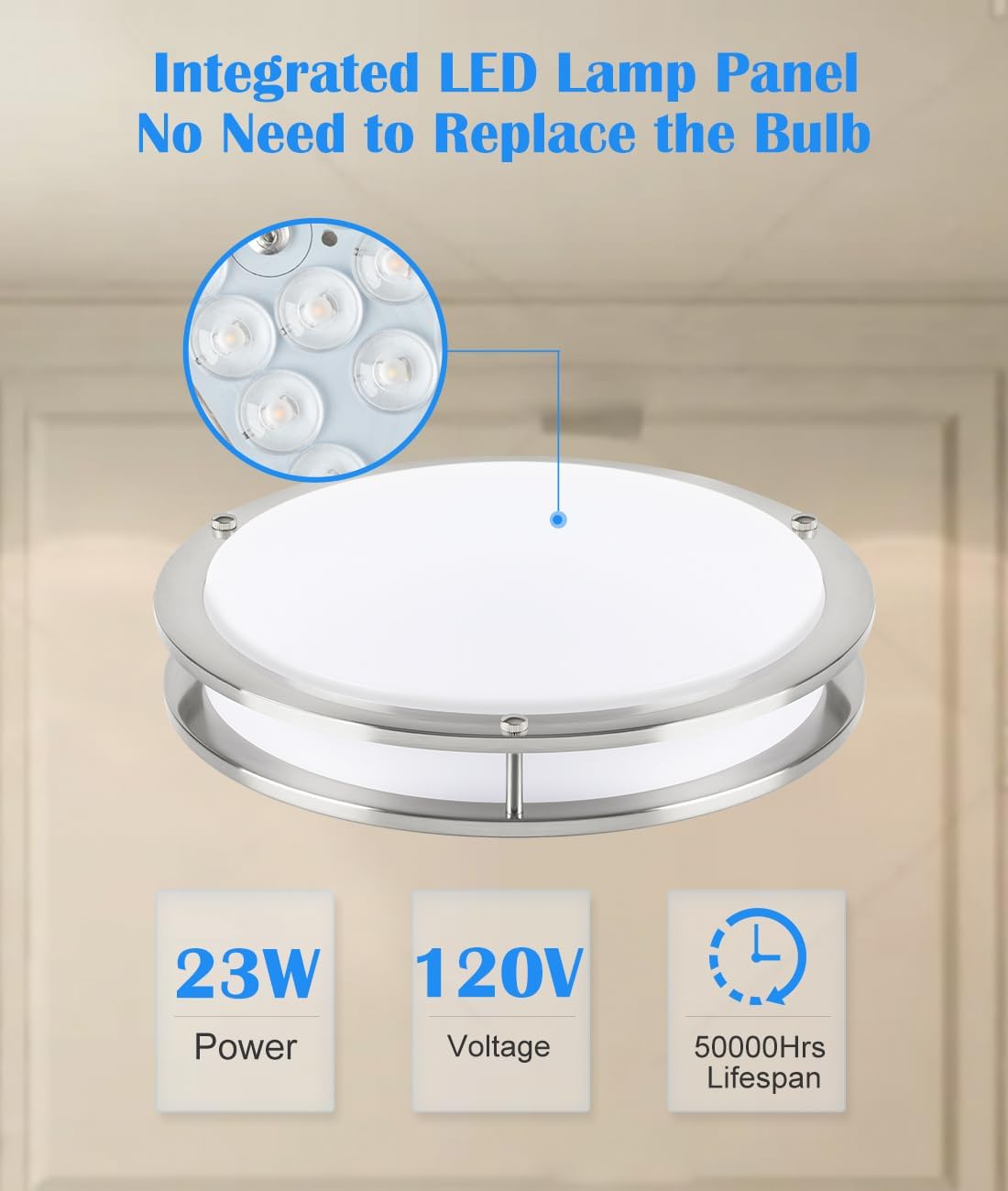 16” Brushed Nickel Flush Mount Ceiling Light Fixture - 16 Inch Brushed Nickel LED Ceiling Light 3000K/4000K/5000K Color Changing Modern Bathroom Fixture for Bedroom,25W