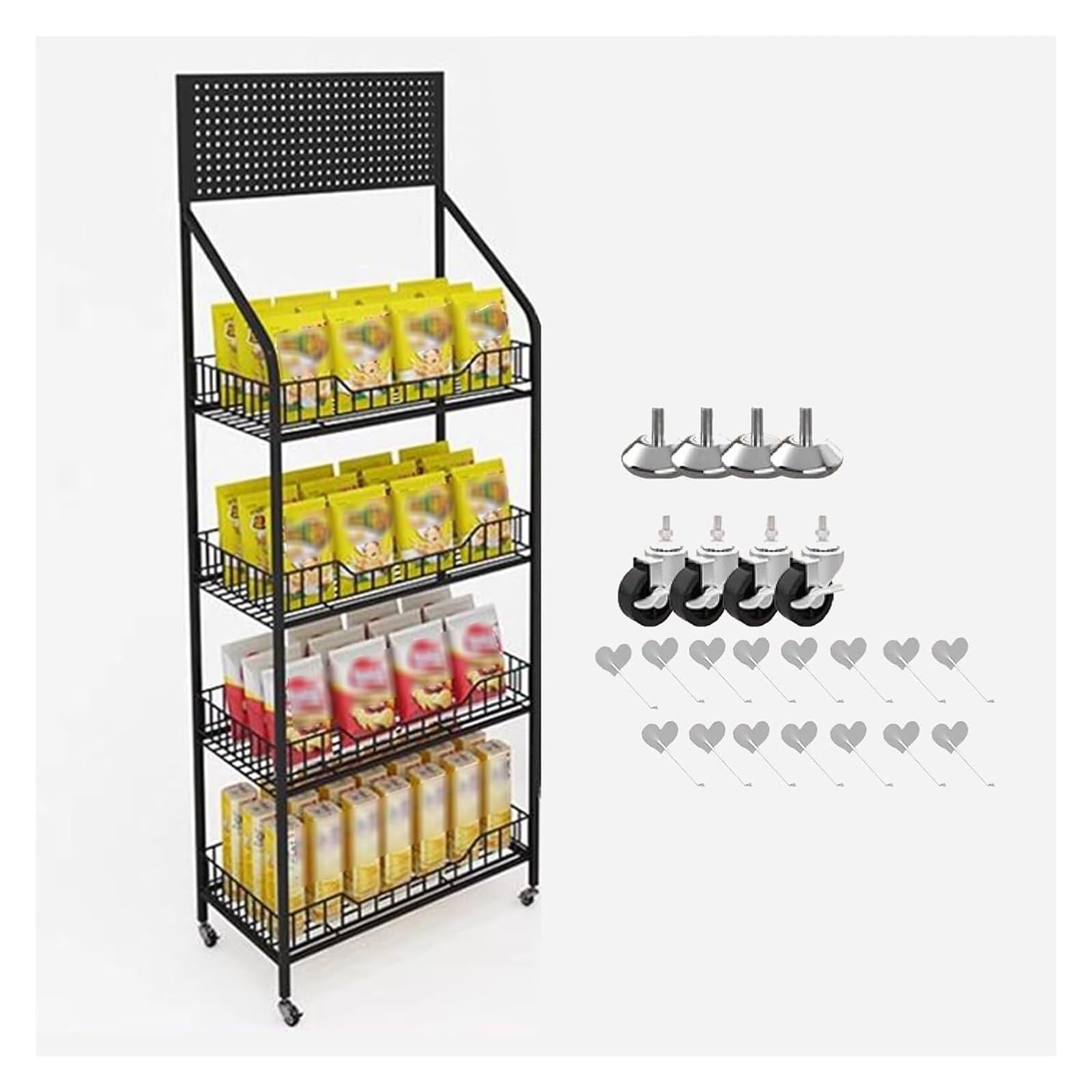 4-stöckiger schwarzer Metall-Snack-Präsentationsständer, rollende Süßigkeiten- und Snack-Theke, Einzelhandels-Aufbewahrungsnizer für Supermärkte und Veranstaltungen, perfekt für Süßwaren-Vitrinen