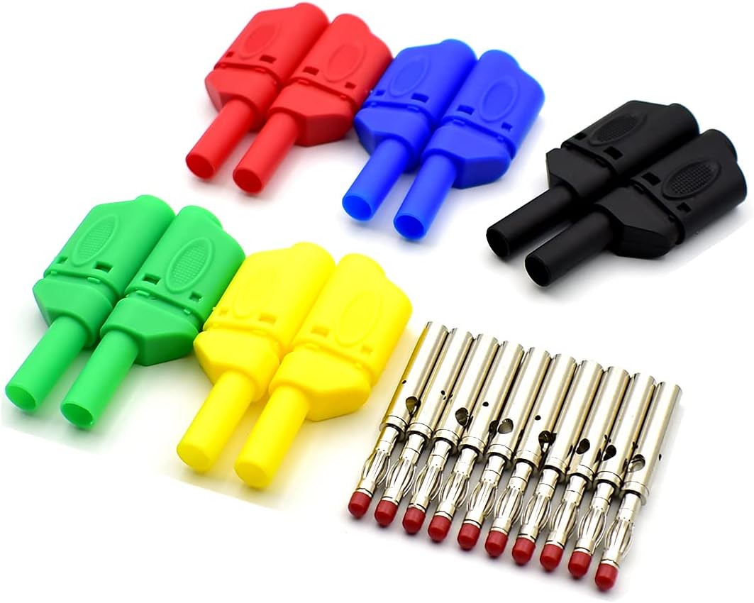 5Colors Safety Fully Insulated Test 4mm Banana Plugs Male Stackable Connectors with Banana Jack Adapters for Multimeter Test Leads Probes 10Pcs