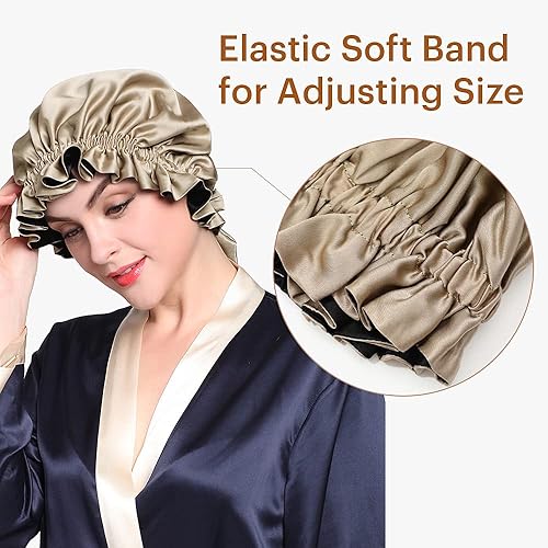 Miniatura 3 de LilySilk Gorra con forro de seda pura para mujer, doble capa, cintas ajustables, gorra de seda natural de lujo para dormir