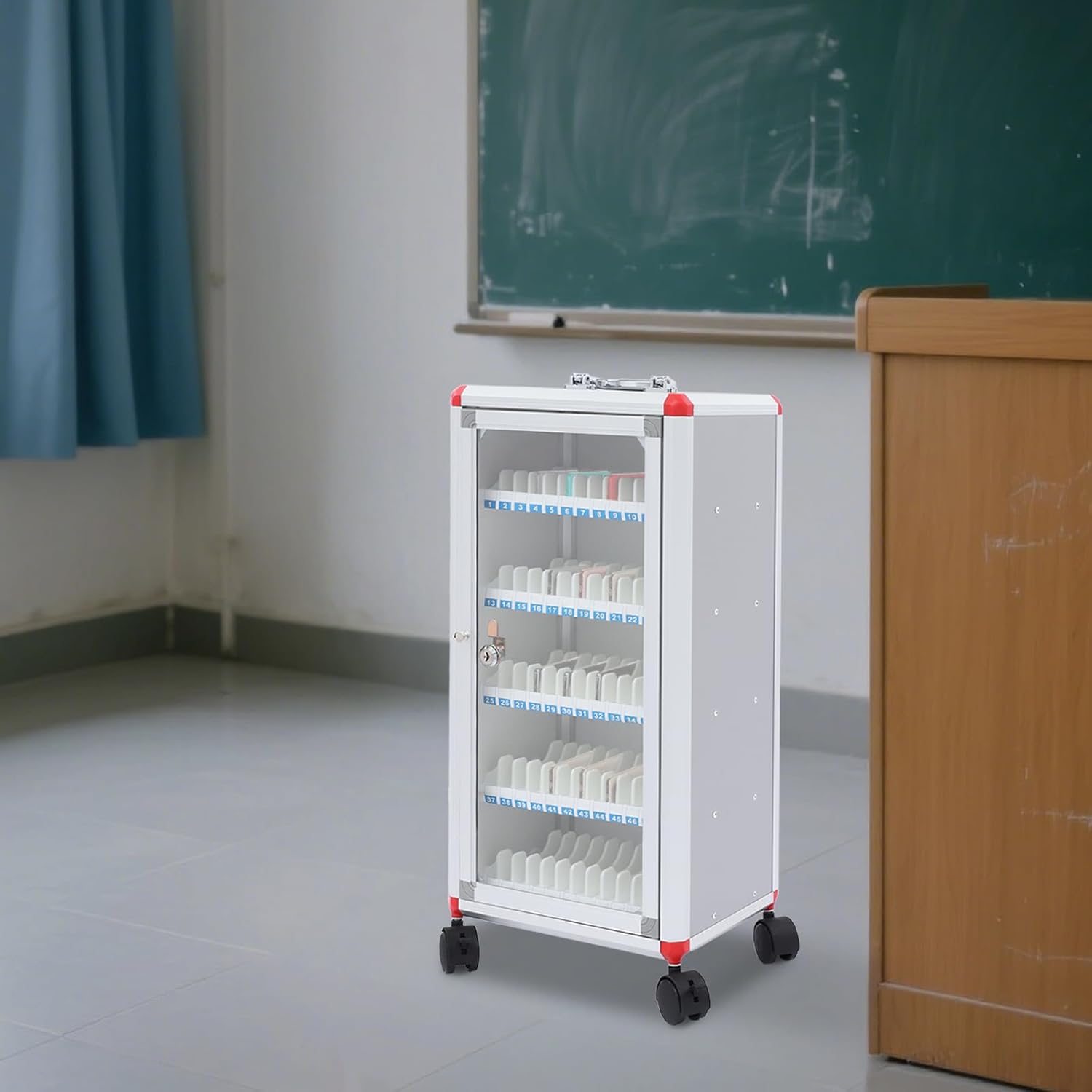 60 Slots Mobile Aluminum Alloy Pocket Chart Storage Cabinet for Cell Phones, Phone Lock Box Holder, Cell Phone Locker Box for School Office, Can be Carried by Hand