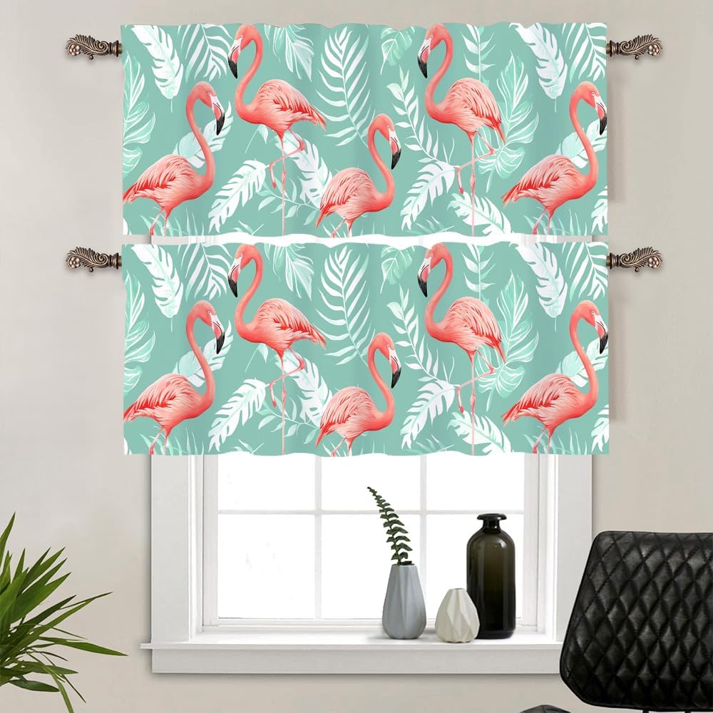 1 Panel Rustic Flamingo Plant Curtain Valance for Windows, Funny Palm Tree Rod Pocket Short Window Treatment Decor Drapes for Kitchen, Bathroom, 54" X 18"