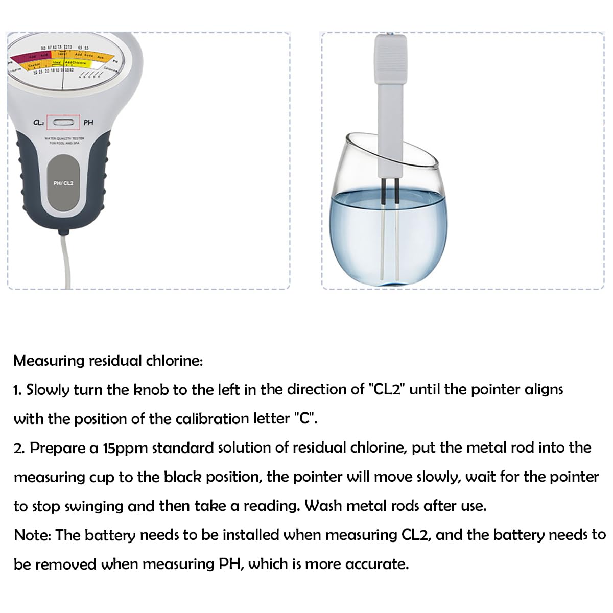 Tester di qualità dell'acqua, analizzatore digitale spa idromassaggio, tester 2 in 1 PH e Cl2, tester di livello di riempimento, misuratore di qualità dell'acqua per piscina spa, monitoraggio della
